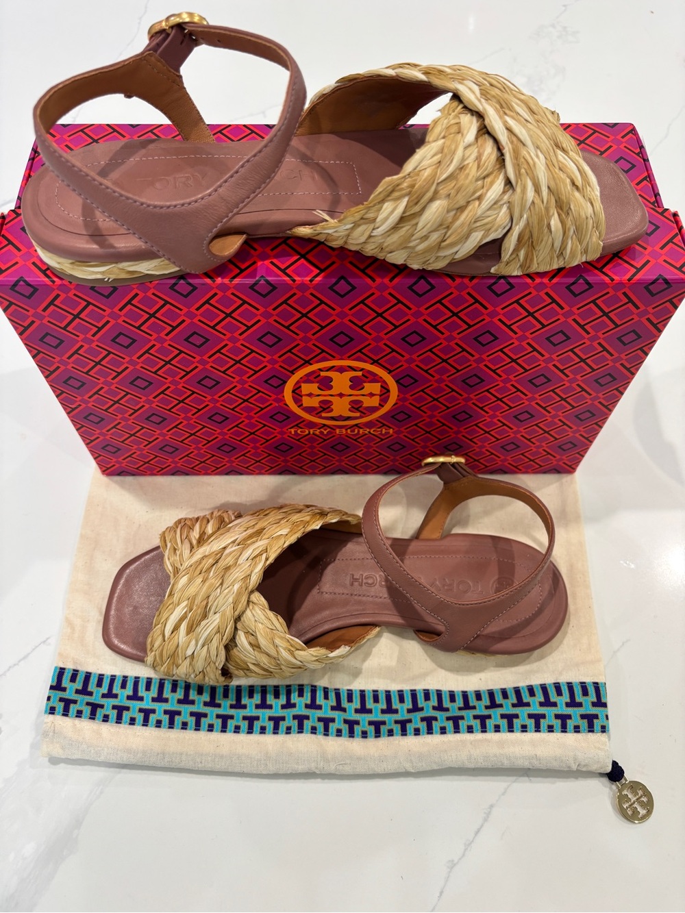 Tory Burch Kira Braided Raffia Slide Sandals with Mauve Leather Strap Size 8.5.